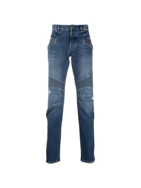 mid-wash ribbed tapered jeans