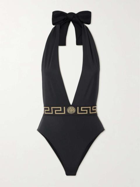 VERSACE Jacquard-trimmed halterneck swimsuit