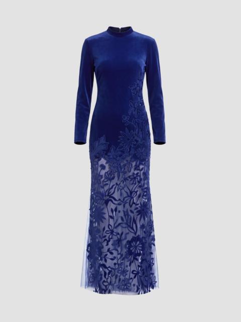 MAC DUGGAL Women's Floral Mixed-Media Long-Sleeve Gown - Cobalt
