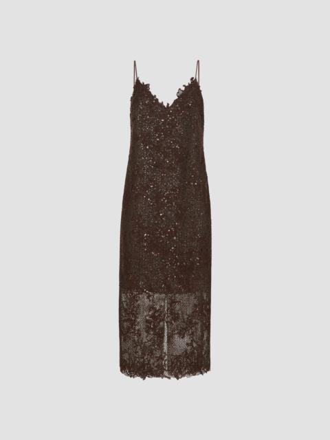 Brunello Cucinelli Women's Dazzling Lace Embroidery Dress in Sparkling Mohair and Wool - Brown Gianduia