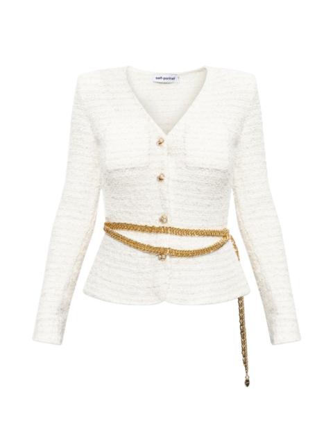 self-portrait belted bouclé-effect jacket