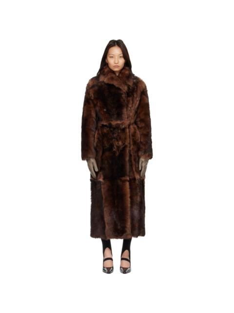 Yves Salomon Brown Long Fur-Effect Lamb Shearling Coat