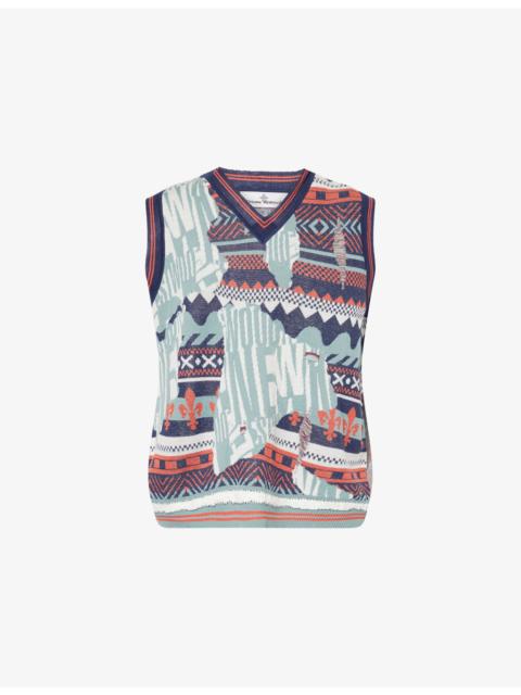 Vivienne Westwood Broken Fair Isle V-Neck Wool, Linen And Cotton Vest