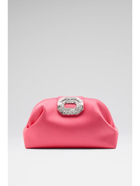 Amina Muaddi CAMELIA CLUTCH CORAL SATIN
