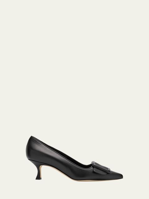 Manolo Blahnik Maysale Leather Buckle Kitten Pumps