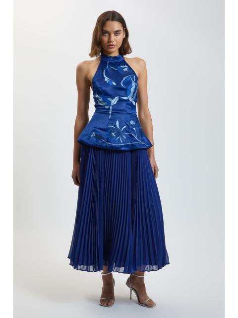 KAREN MILLEN Embroidered Halterneck Pleated Midi Dress