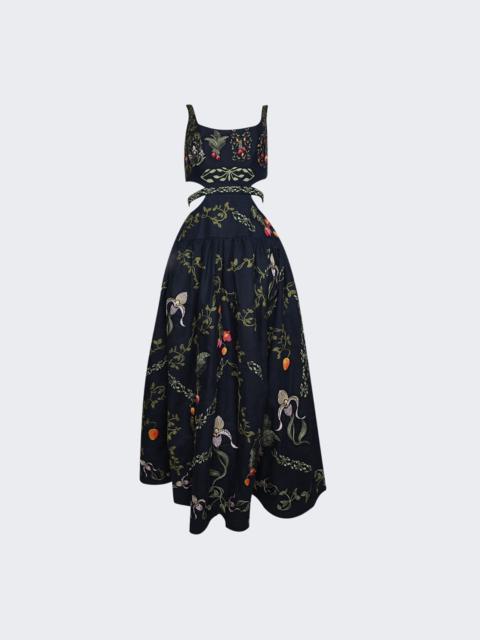 Totumo Bouquet Hand-Embroidered Linen Dress Dark Blue