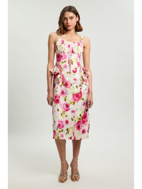 KAREN MILLEN Scattered Floral Cotton Poplin Boned Detail Woven Midi Dress