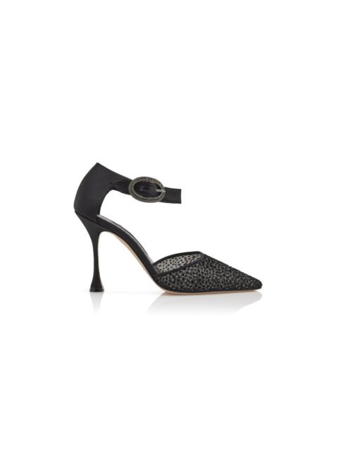Manolo Blahnik Black Flocked Tulle Ankle Strap Pumps