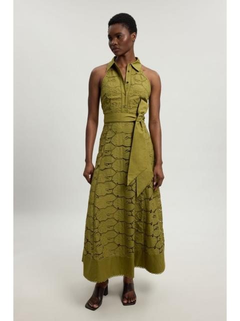 KAREN MILLEN Cutwork Cotton Halterneck Tie Detail Woven Midi Dress