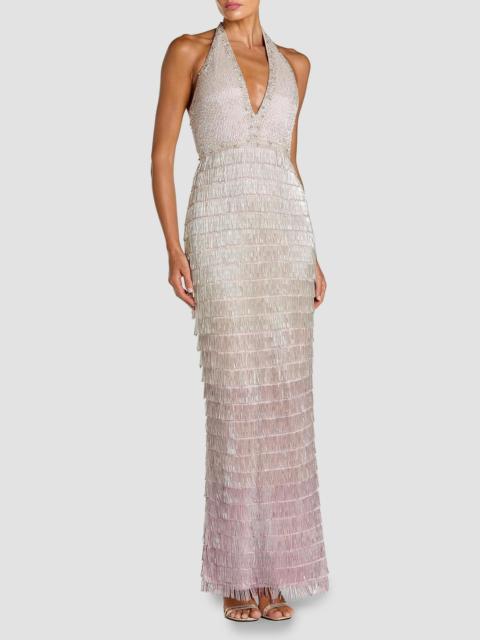 MAC DUGGAL Women's Beaded Fringed Halter Gown - Silver Lilac
