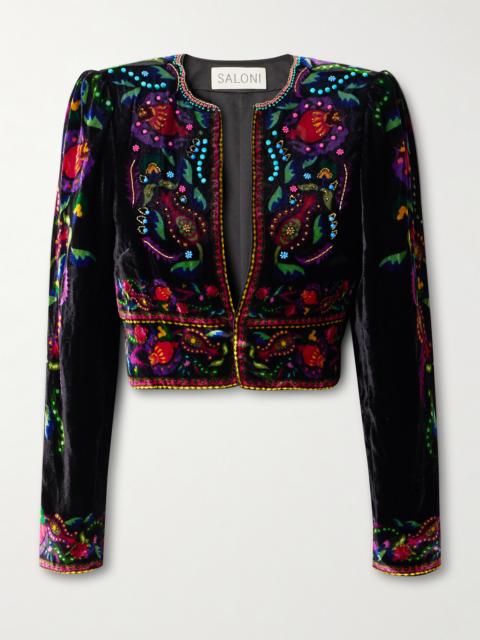 SALONI Vika Cropped Beaded Printed Velvet Jacket