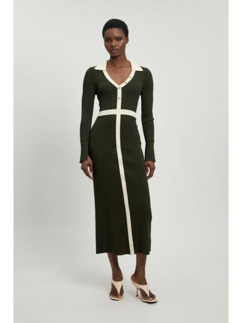 KAREN MILLEN Knit Rib With Contrast Waist Detail Collared Midi Dress