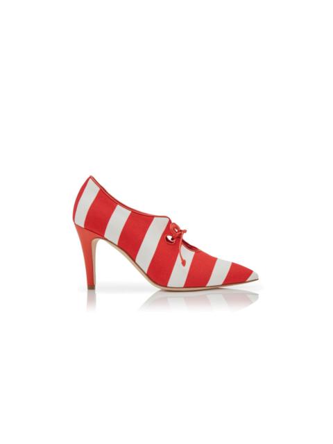 Red and White Cotton Lace-Up Pumps