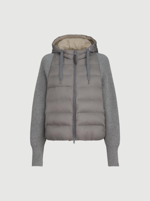 Brunello Cucinelli Water-resistant matte nylon hooded down jacket with monili and sleeves in virgin wool, cashmere and