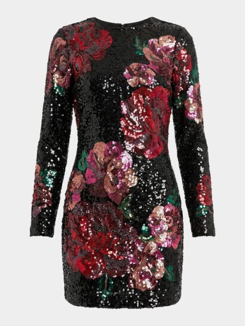 MAC DUGGAL Sequin Floral Long-Sleeve Fitted Mini Dress