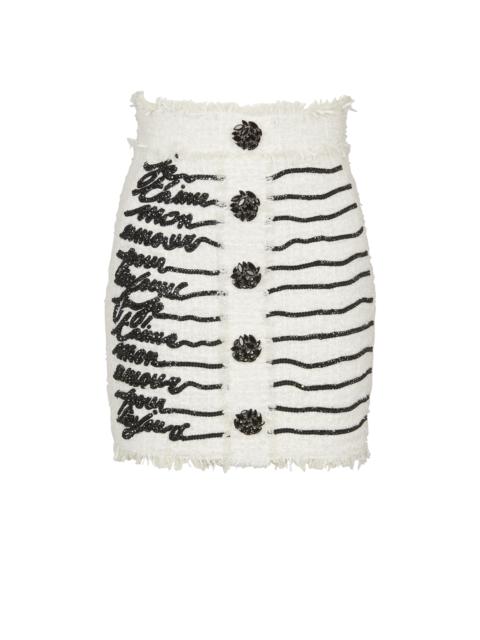 Balmain Love letter embroidered tweed skirt