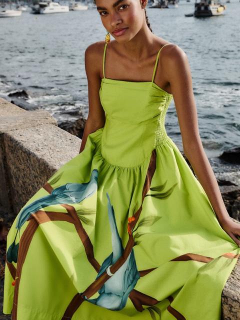 FARM RIO Green Birds Smocked Maxi Dress