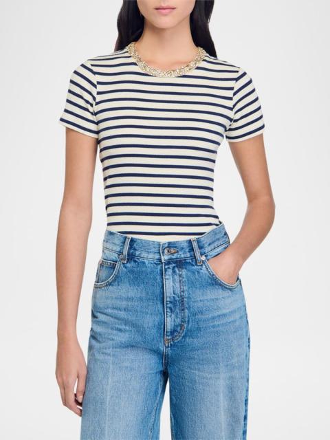 Sandro Rimini Stripe Crystal-Trim T-Shirt