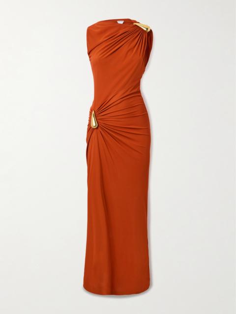 Bottega Veneta Gathered Embellished Crepe-jersey Maxi Dress