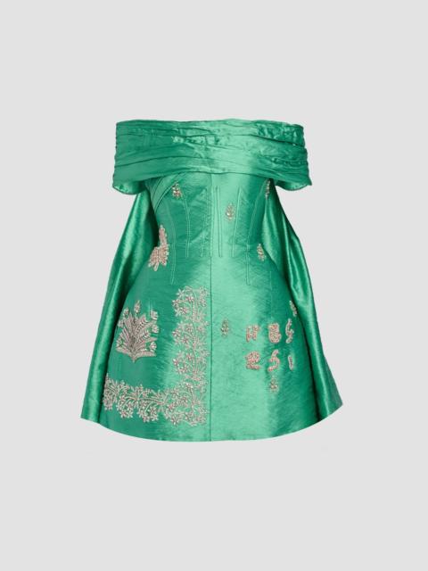 Erdem EMBELLISHED TEXTURED SATIN OFF SHOULDER MINI DRESS
