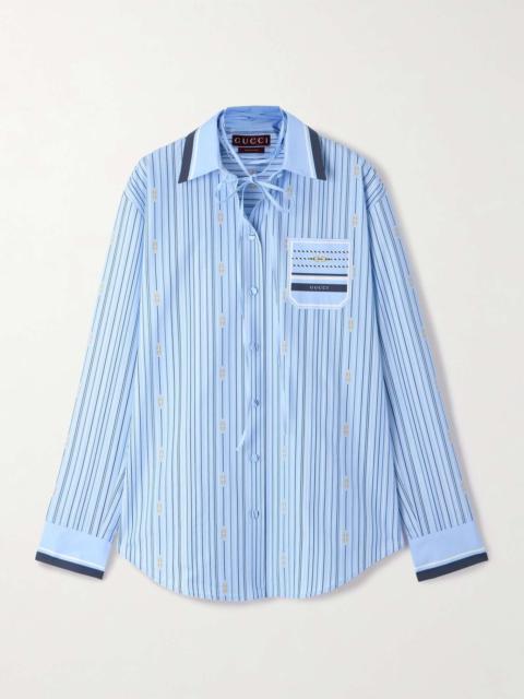 GUCCI Tie-neck printed cotton-poplin shirt Azure