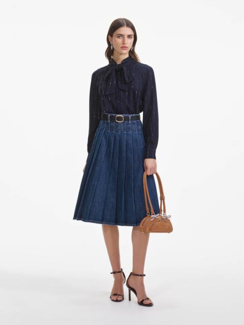 self-portrait Pleated Denim Midi Skirt