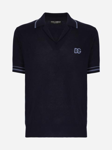 Mesh-stitch cotton polo-shirt with DG embroidery
