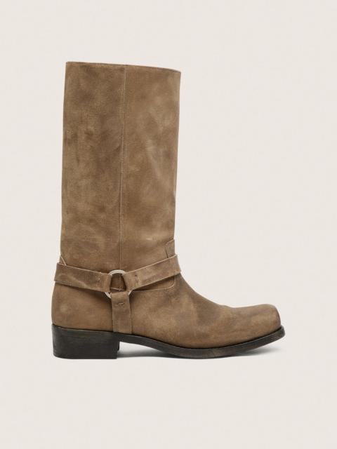 Golden Goose Men's high Biker boots in dark beige waxed suede with strap and a silver-colored buckle