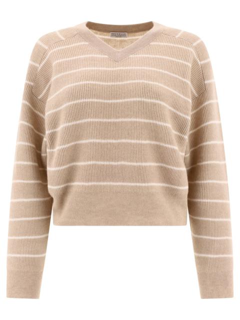 Striped English Rib Sweater With Monili Knitwear Beige