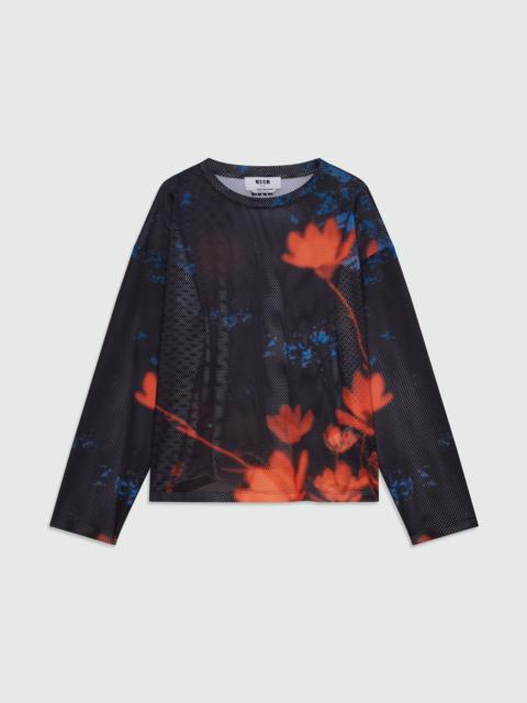 MSGM Long-sleeve printed mesh T-shirt