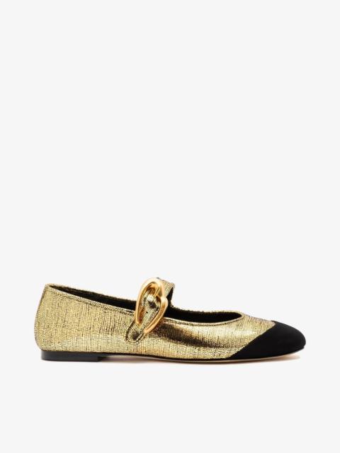 Larroudé Verona Cap Ballet Flat Gold Leather and Black Suede