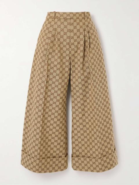 GUCCI Cropped pleated cotton-blend canvas-jacquard wide-leg pants