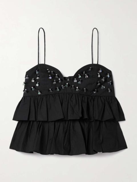 ULLA JOHNSON Lucia cropped embellished ruffled cotton-poplin top Black