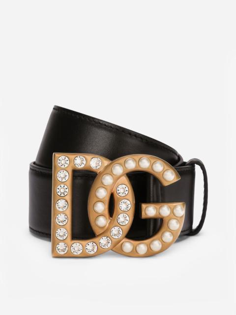 Calfskin belt with bejeweled DG logo