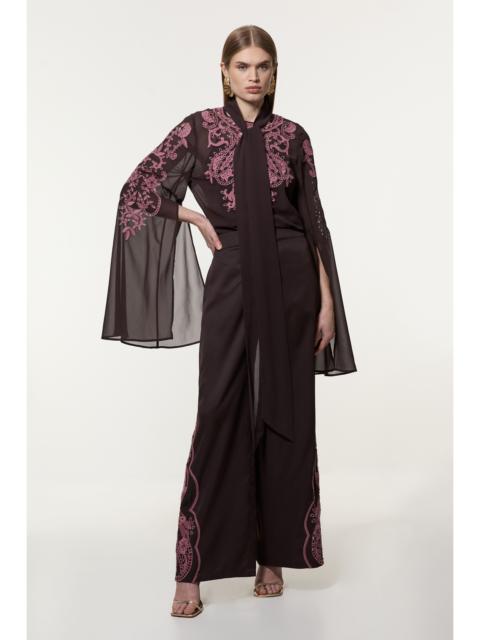 KAREN MILLEN Tall Cutwork Beaded Georgette Tie Neck Woven Blouse With Drama Sleeve