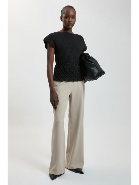 KAREN MILLEN Ribbed Knit Power Shoulder Top With Manipulated Stitch Detail
