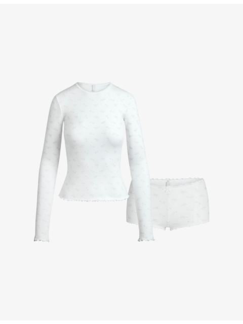 SKIMS Pointelle-Knit Floral-Print Stretch-Cotton Top and Shorts Set