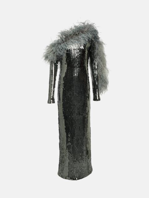 Garbo Disco feather-trimmed sequined gown