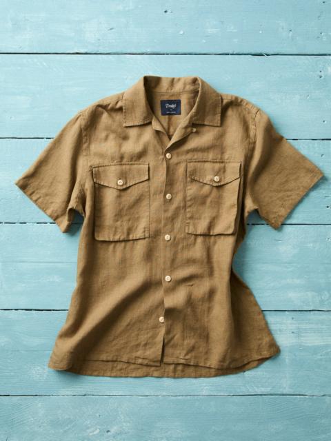 Drake's Khaki Linen Short Sleeve Camp Collar Military Shirt