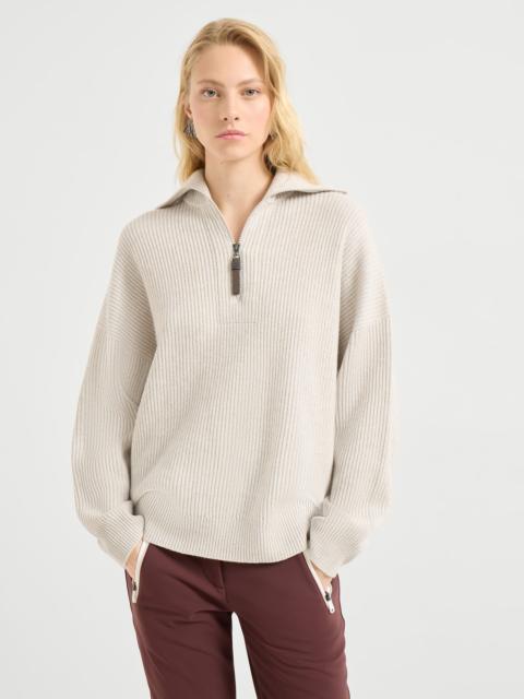 Cashmere English rib sweater with shiny zipper pull