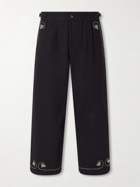 BODE Lucky Draw Straight-Leg Pleated Embroidered Cotton-Twill Trousers