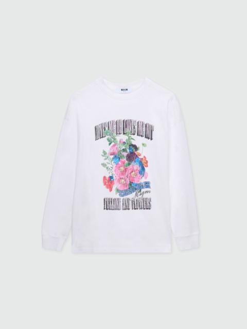 MSGM White long-sleeve cotton jersey T-shirt with front print