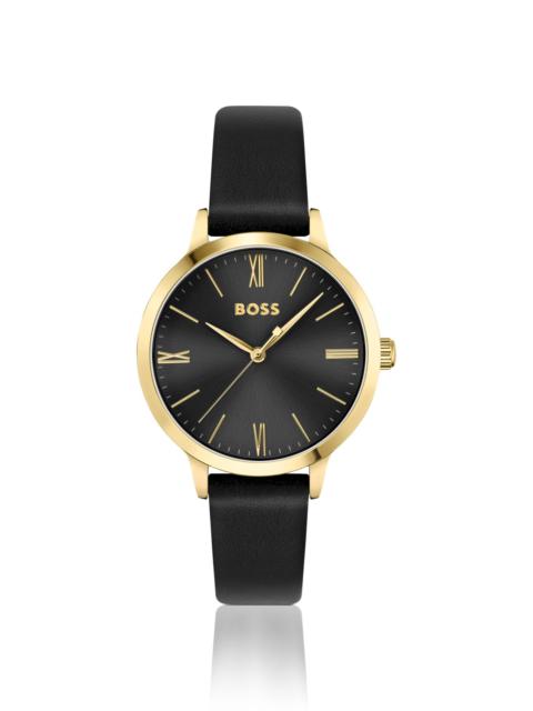BOSS LEATHER-STRAP WATCH WITH BRUSHED BLACK DIAL