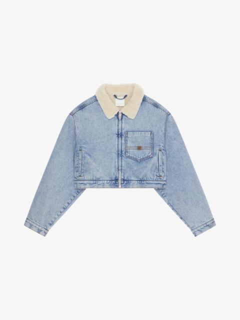 CROPPED JACKET IN DENIM AND SHEARLING-EFFECT COLLAR