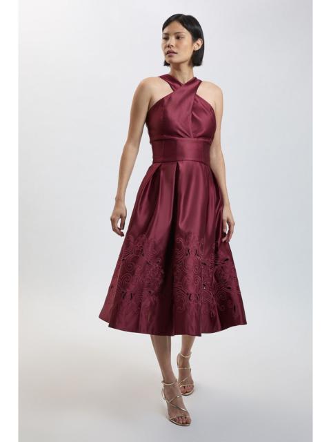 KAREN MILLEN Petite Tailored Satin Cutwork Halter Midi Dress