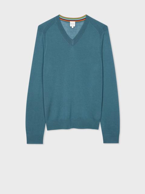 Teal Blue Merino Wool V-Neck Sweater