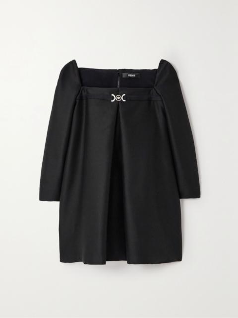 VERSACE Embellished pleated wool and silk-blend faille mini dress Black