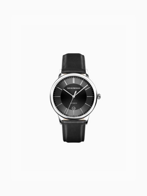 EMPORIO ARMANI SWISS MADE AUTOMATIC BLACK LEATHER WATCH