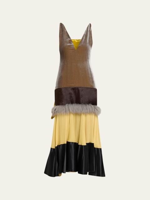 Marni Striped Mixed-Media Shawl Midi Dress